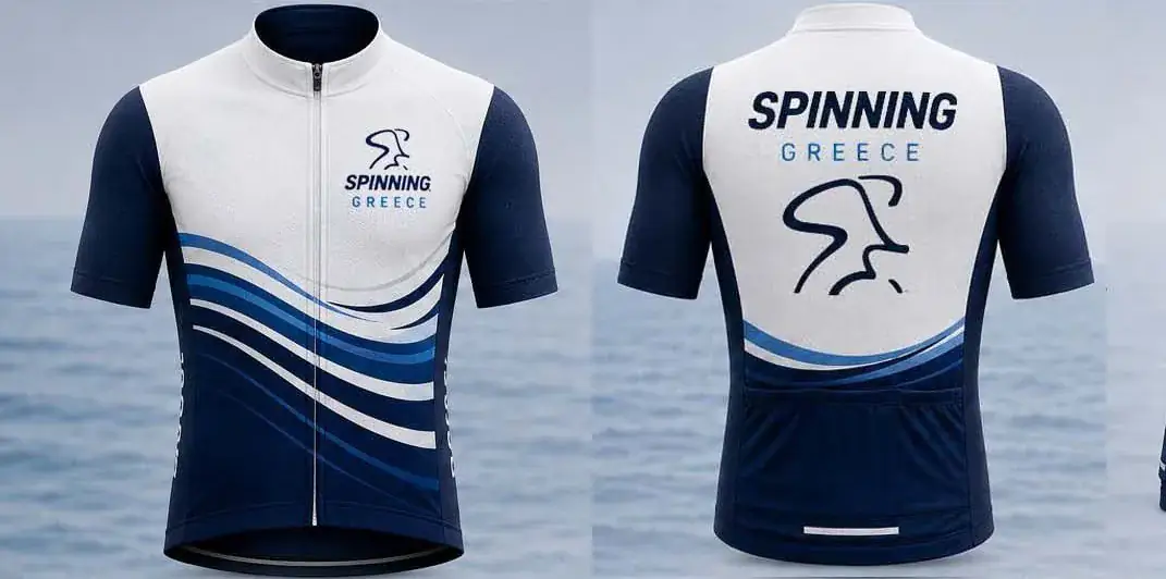 Official Spinning® Greece cycling jersey 2027, front and back — white body with navy sleeves and blue wave stripes